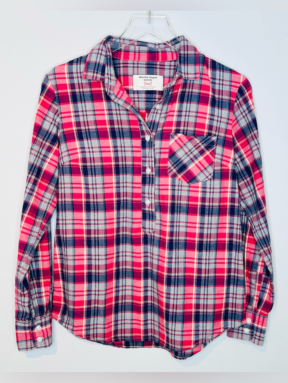 Marine Layer Red Blue Plaid Popover Button Shirt Top Blouse